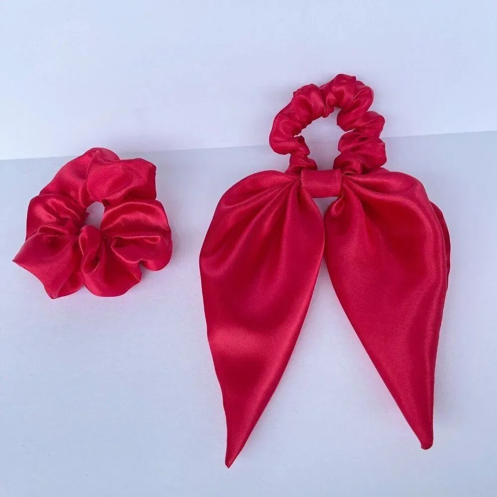 2 New Women Hair Satin Scrunchie Hair Tie Red